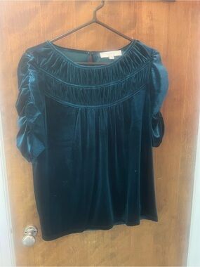 LOFT Teal Velvet Yoke Puff-Sleeve Blouse